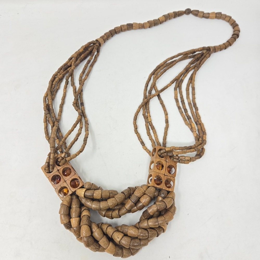 GERDA LYNGGAARD MONIES Teak Wood Amber Cube Necklace Handmade Modernist Boho